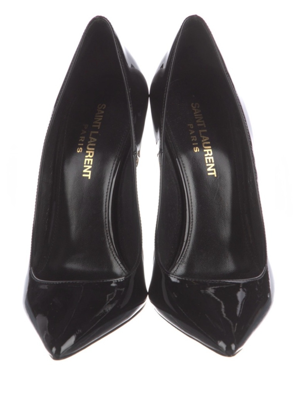 Saint Laurent Black Patent Tribute Logo-Heel Pump with Gold Monogram Heel - Picture 3 of 5